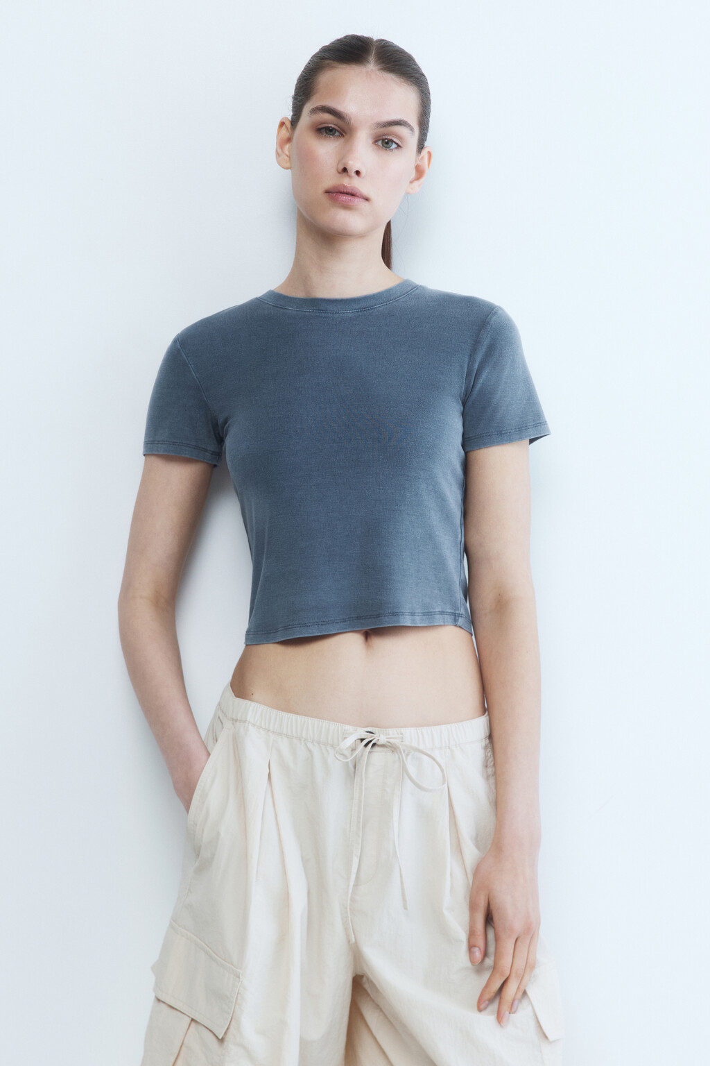 Футболка-топ вискозная с вареным эффектом - цвет синий - 3