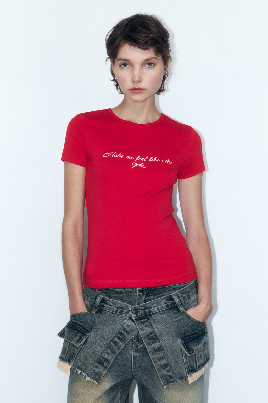 Футболка облегающая с принтом - цвет красный - 1