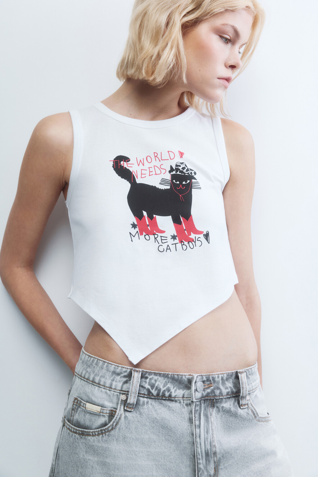 Майка с принтом и асимметричным низом - цвет белый - 1