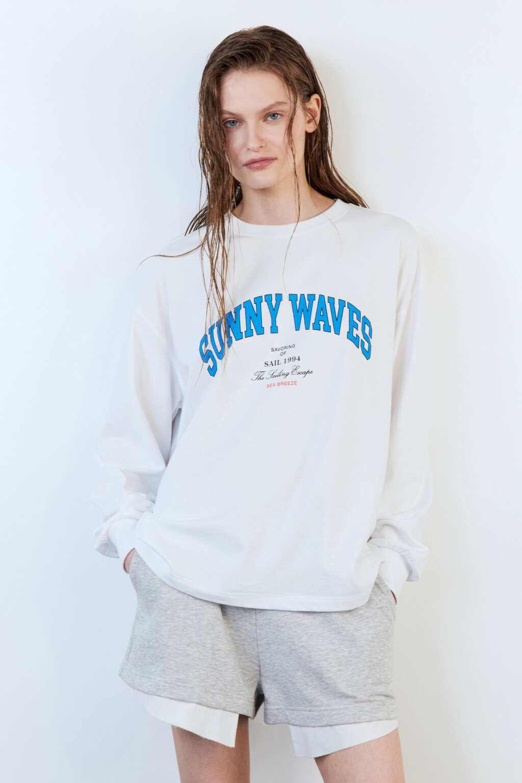 Лонгслив oversize хлопковый с принтом - цвет белый - 3