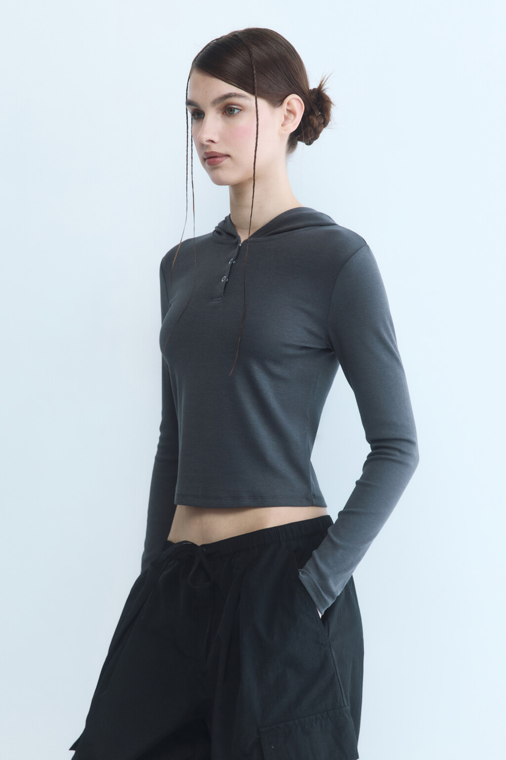 Лонгслив облегающий с капюшоном - цвет серый - 4