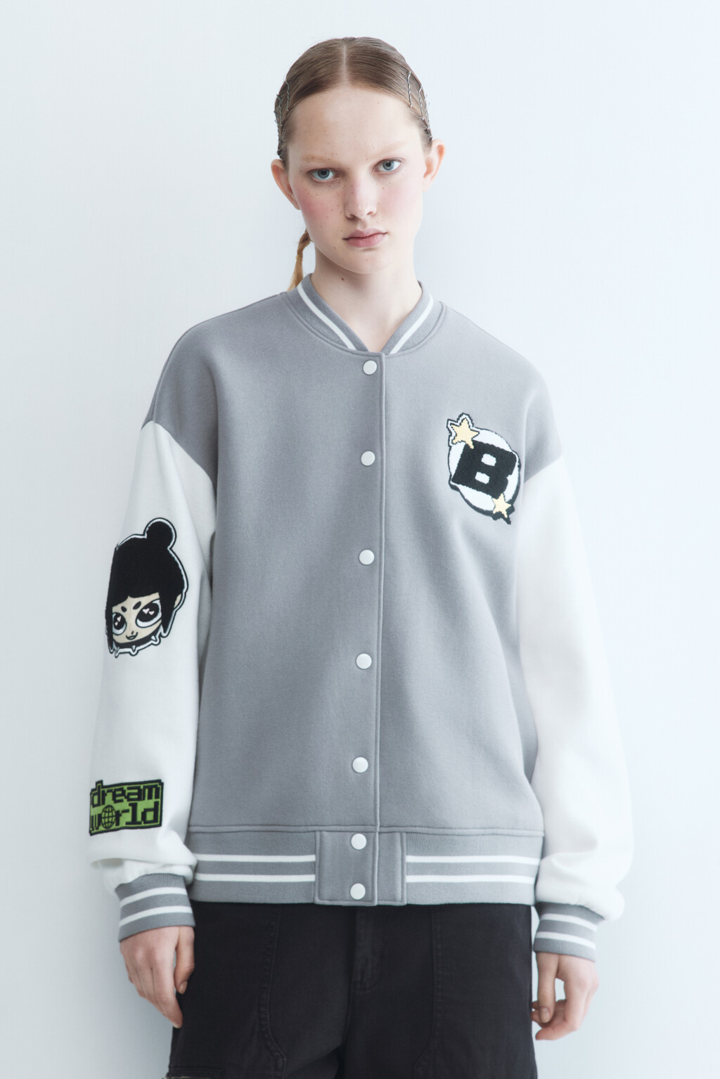 Толстовка-бомбер oversize с патчами - цвет серый - 2