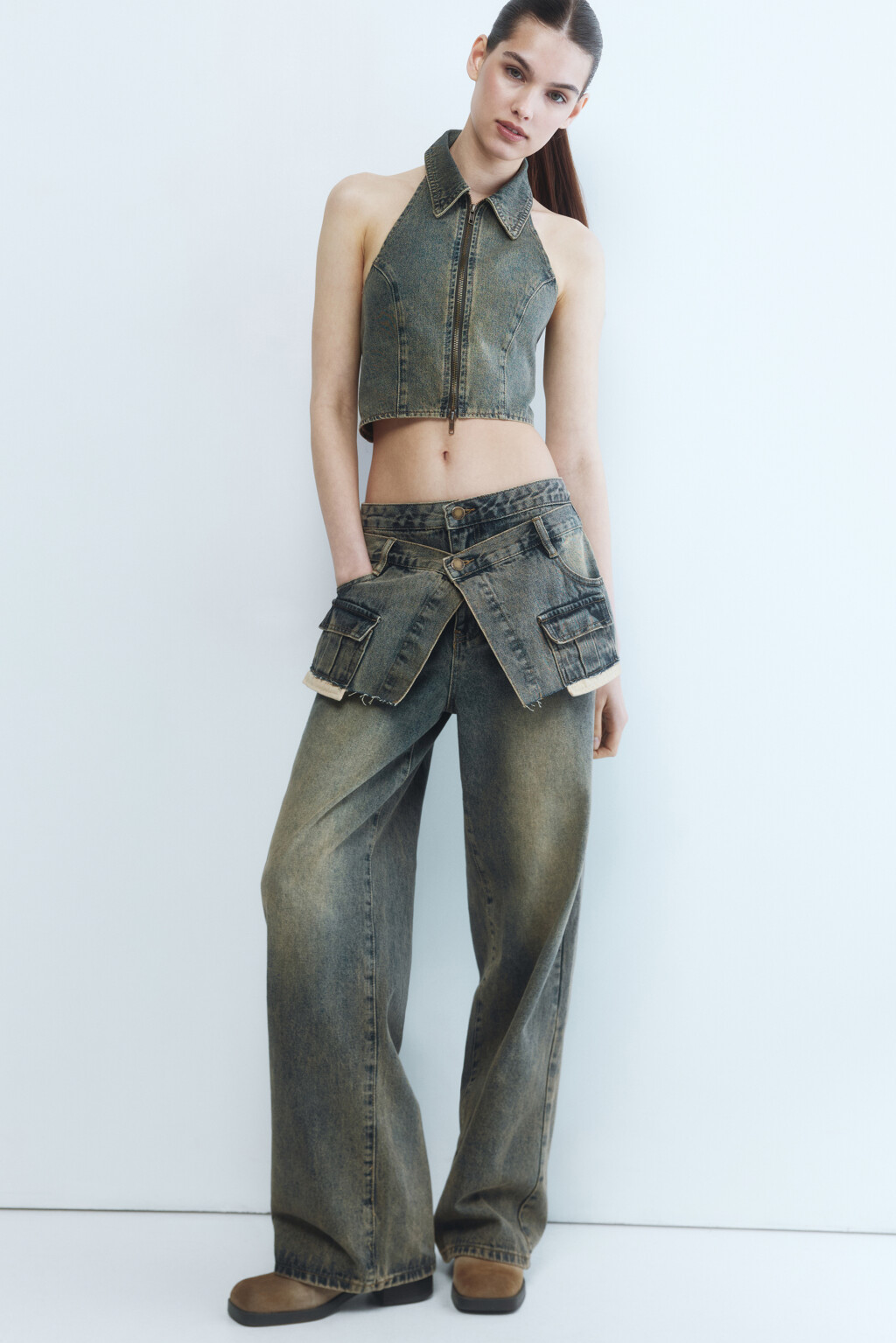 Джинсы wide широкие с имитацией юбки - цвет бордовый - 2