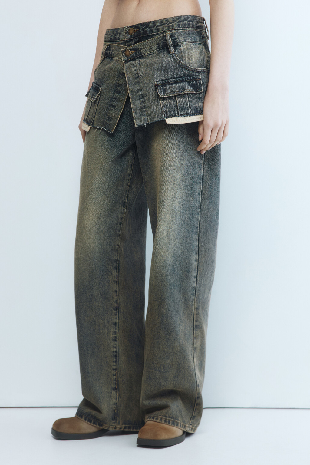 Джинсы wide широкие с имитацией юбки - цвет бордовый - 4