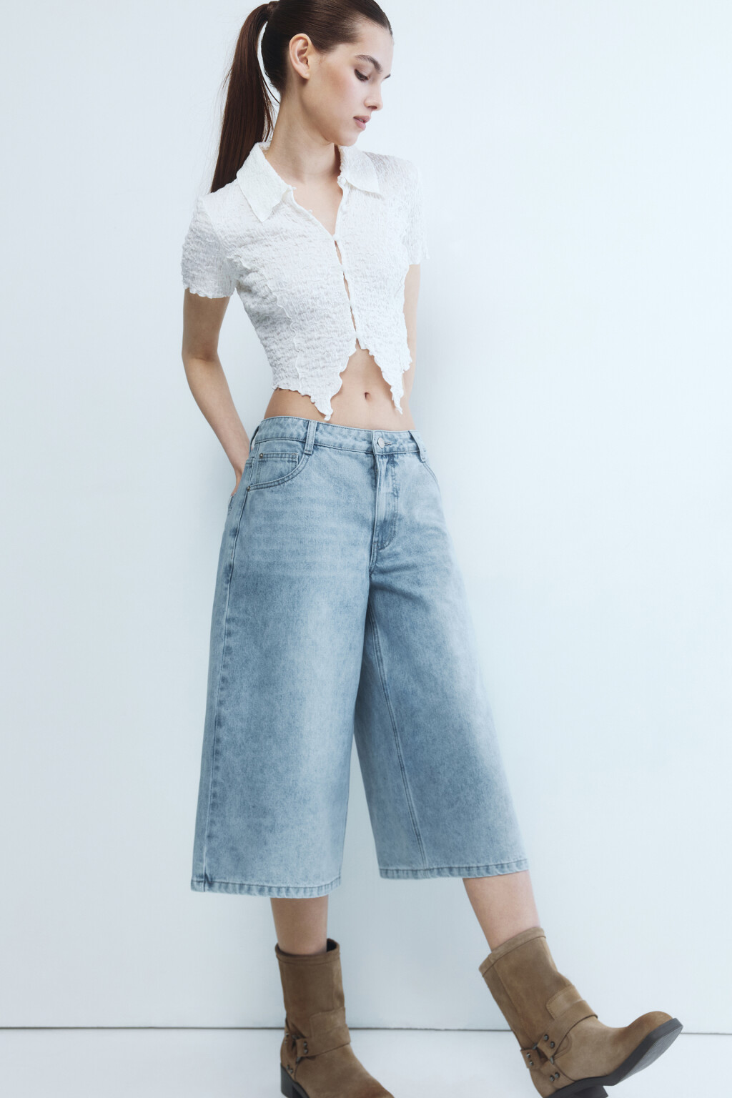 Шорты-бермуды джинсовые с низкой посадкой - цвет голубой - 2