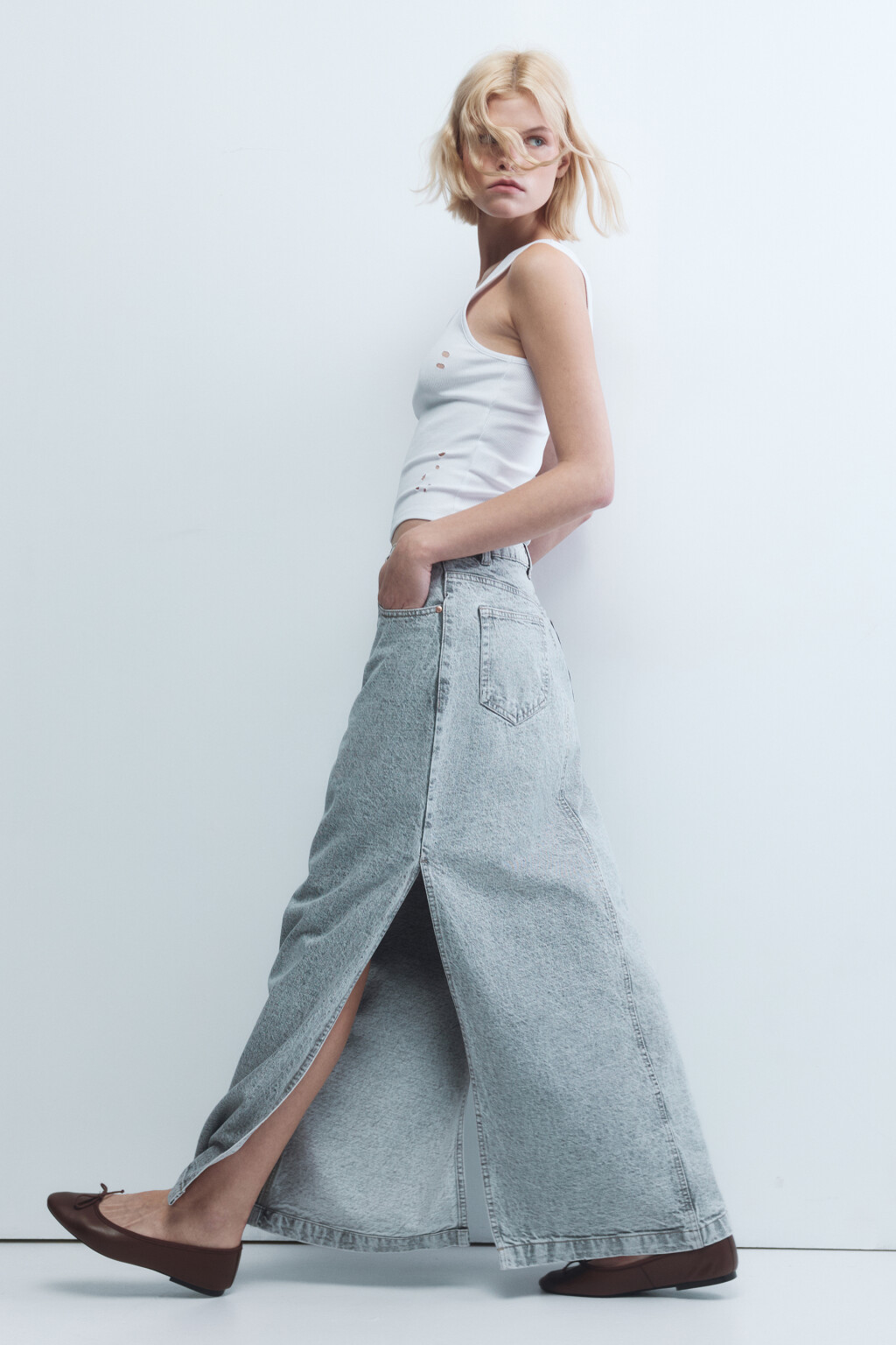 Юбка макси джинсовая с разрезами - цвет серый - 1
