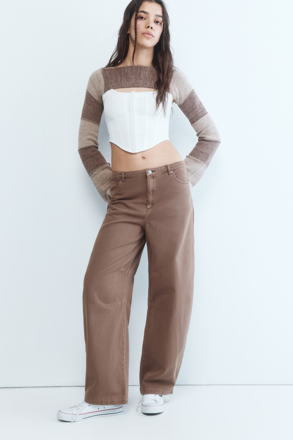 Брюки baggy fit широкие из твила - цвет коричневый - 1