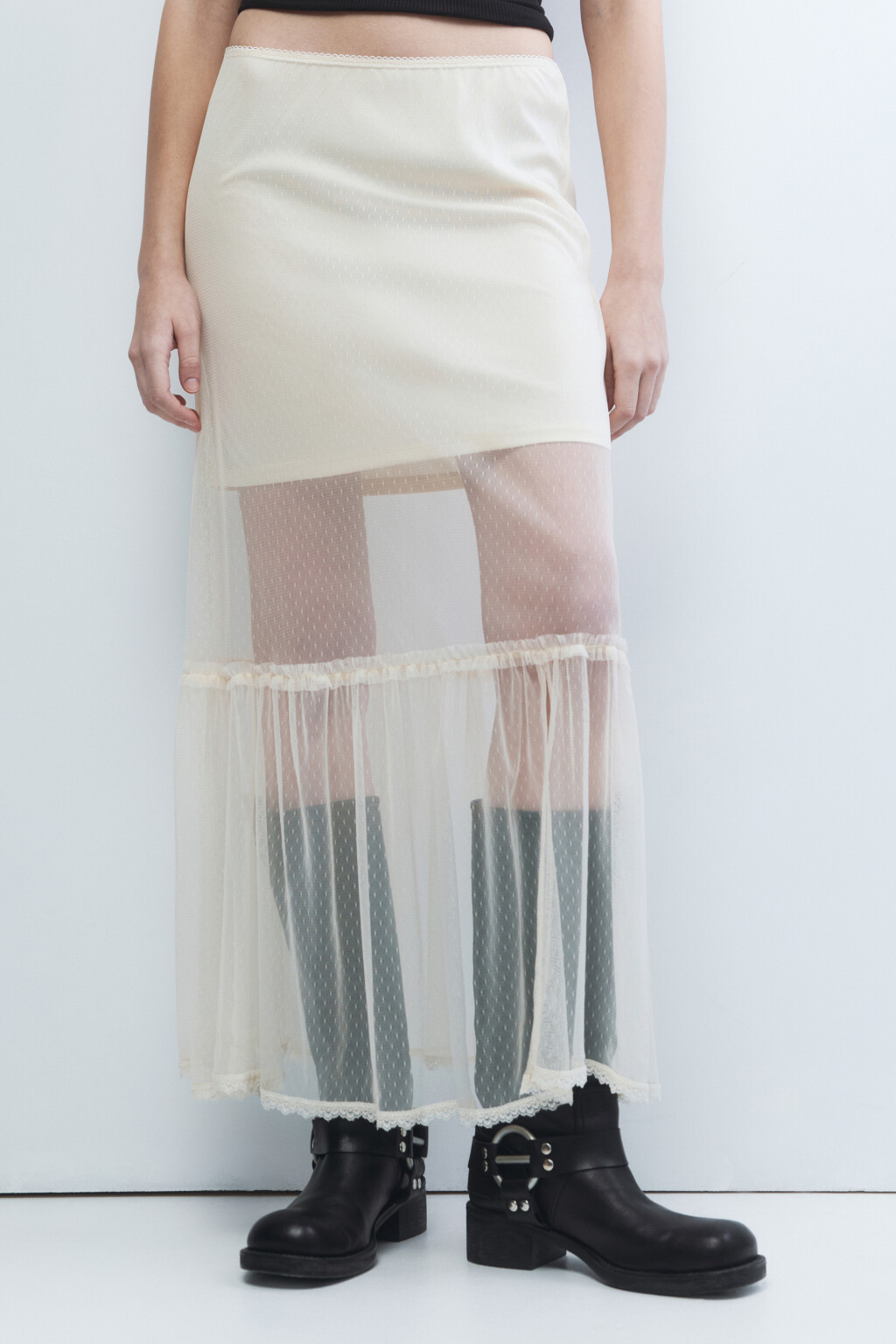 Юбка макси из сетки с короткой подкладкой - цвет бежевый - 2
