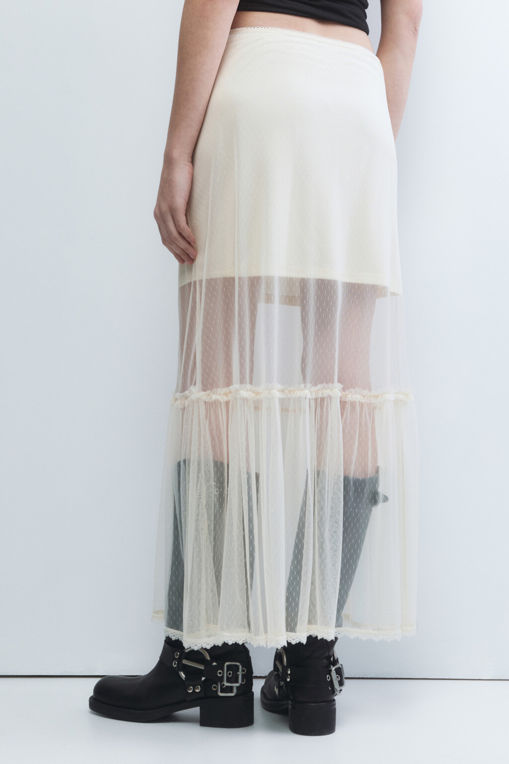 Юбка макси из сетки с короткой подкладкой - цвет бежевый - 4