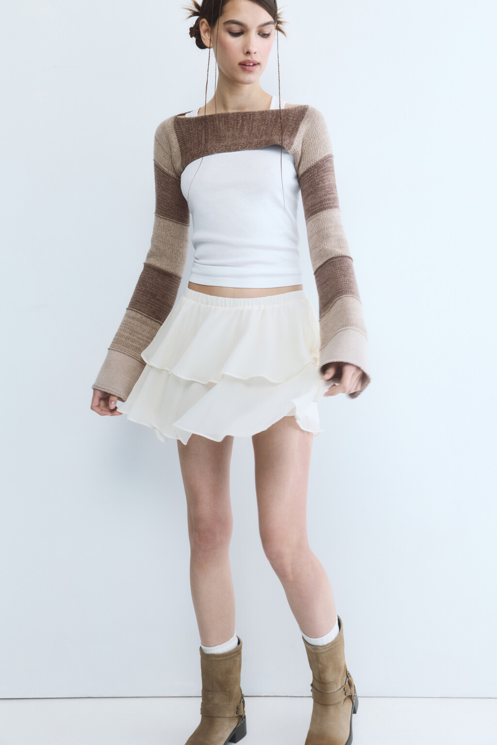 Юбка-трапеция мини шифоновая с воланом - цвет бежевый - 1