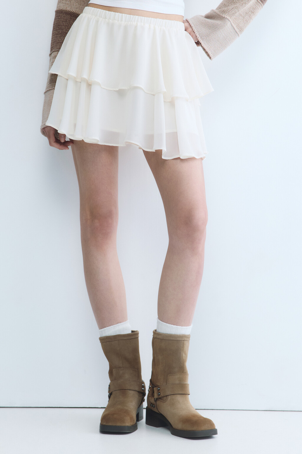 Юбка-трапеция мини шифоновая с воланом - цвет бежевый - 2