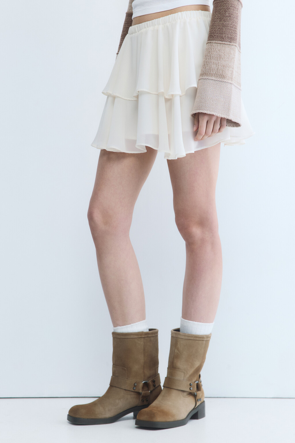 Юбка-трапеция мини шифоновая с воланом - цвет бежевый - 3