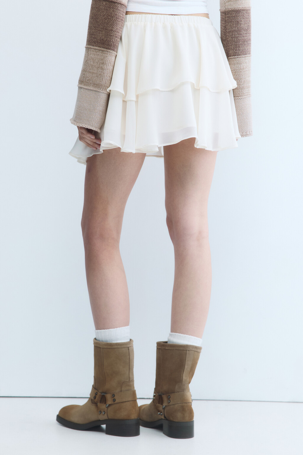 Юбка-трапеция мини шифоновая с воланом - цвет бежевый - 4