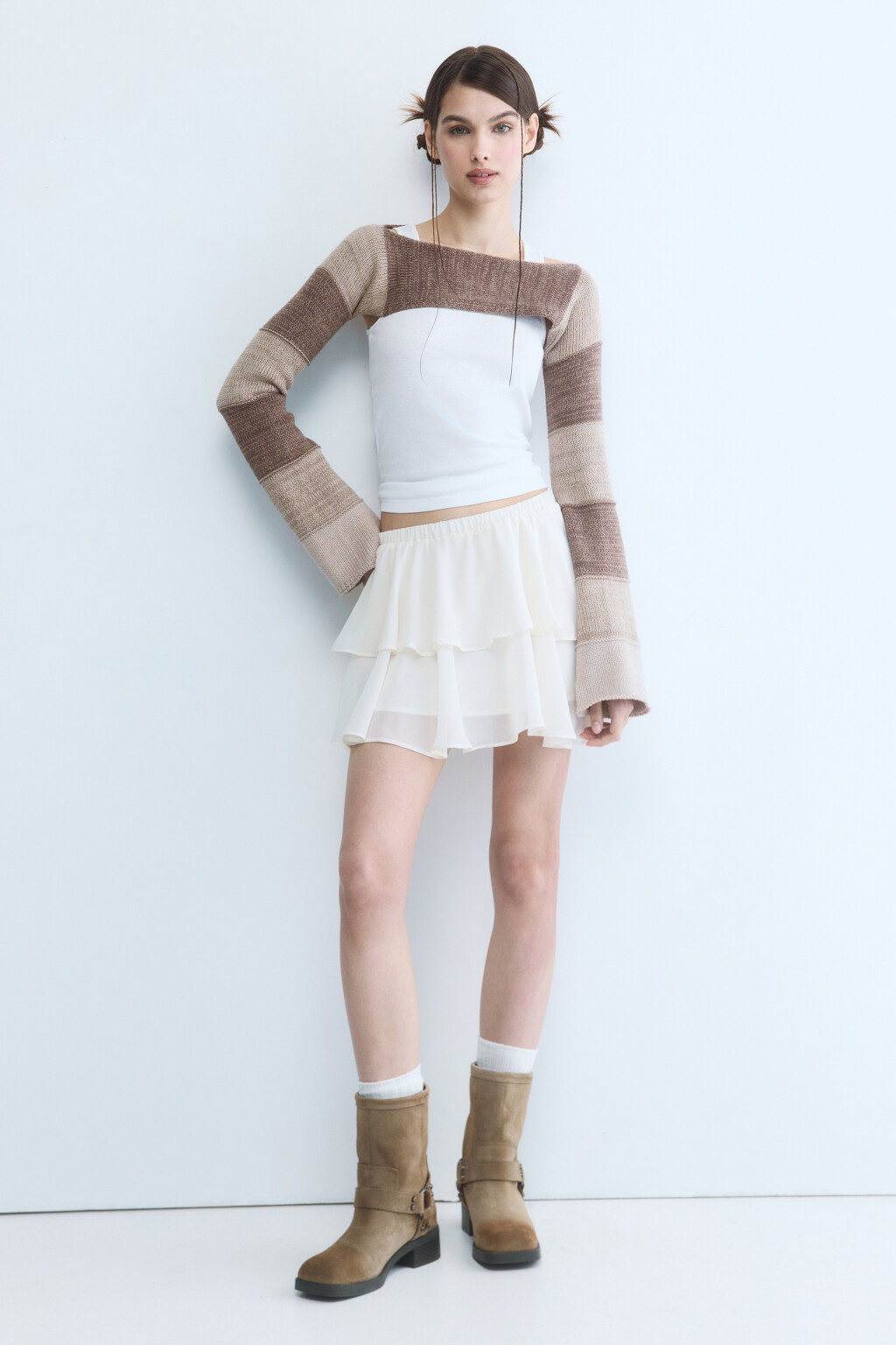 Юбка-трапеция мини шифоновая с воланом - цвет бежевый - 5