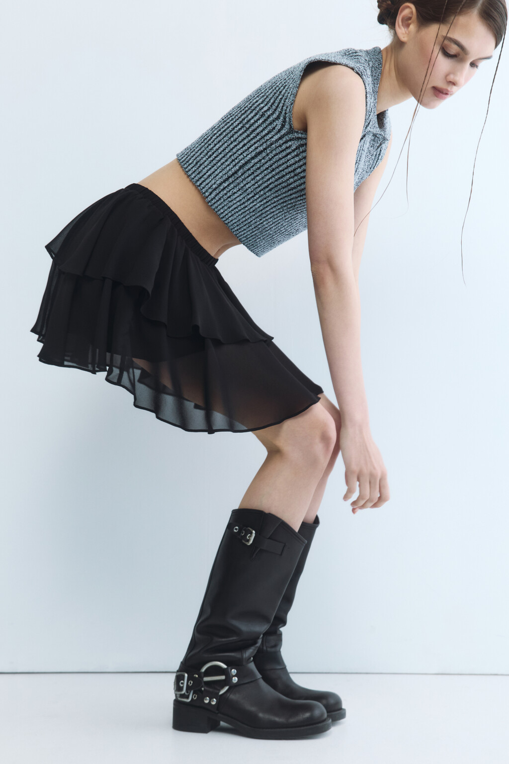 Юбка-трапеция мини шифоновая с воланом - цвет черный - 2