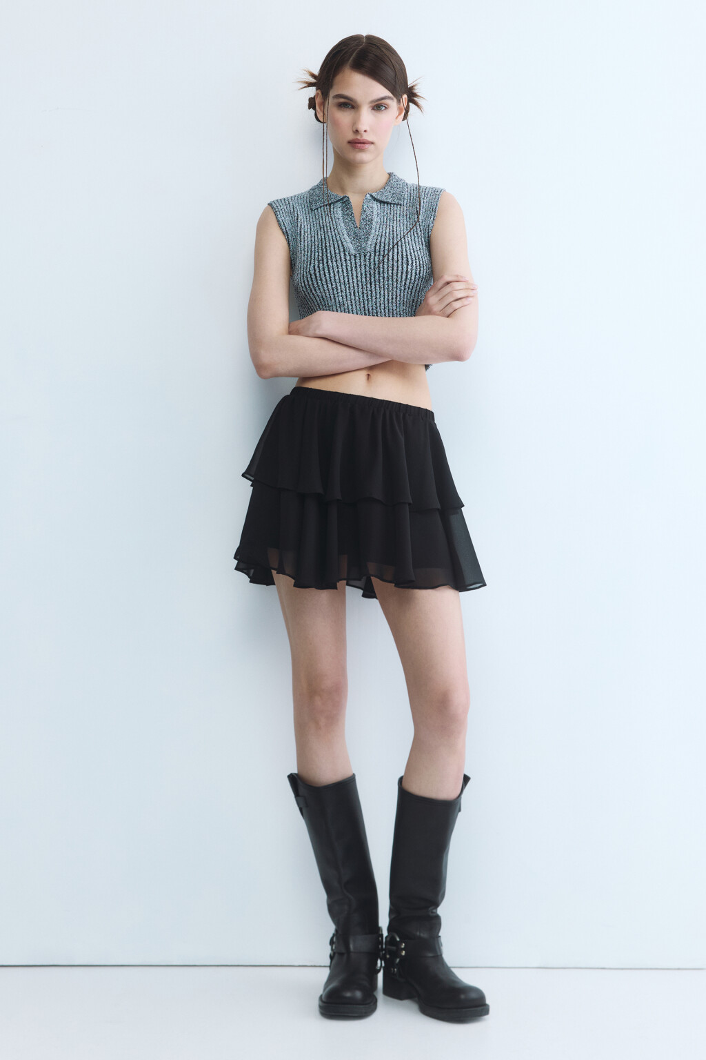 Юбка-трапеция мини шифоновая с воланом - цвет черный - 1