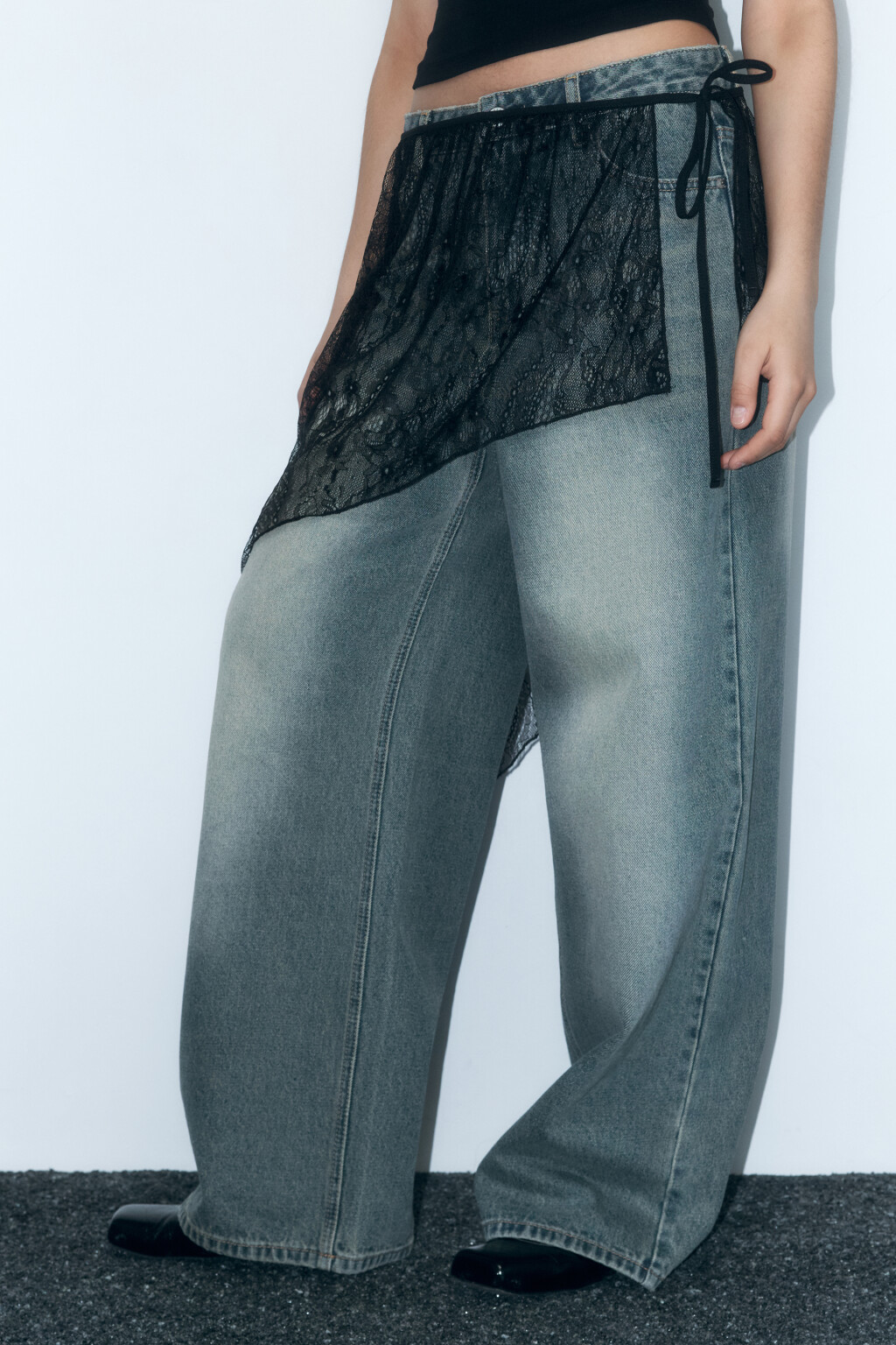 Юбка-баска кружевная с завязками - цвет черный - 3