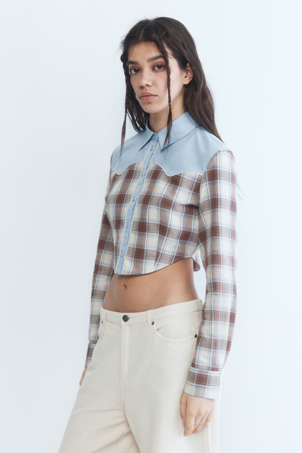 Рубашка укороченная в ковбойском стиле - цвет бежевый - 3