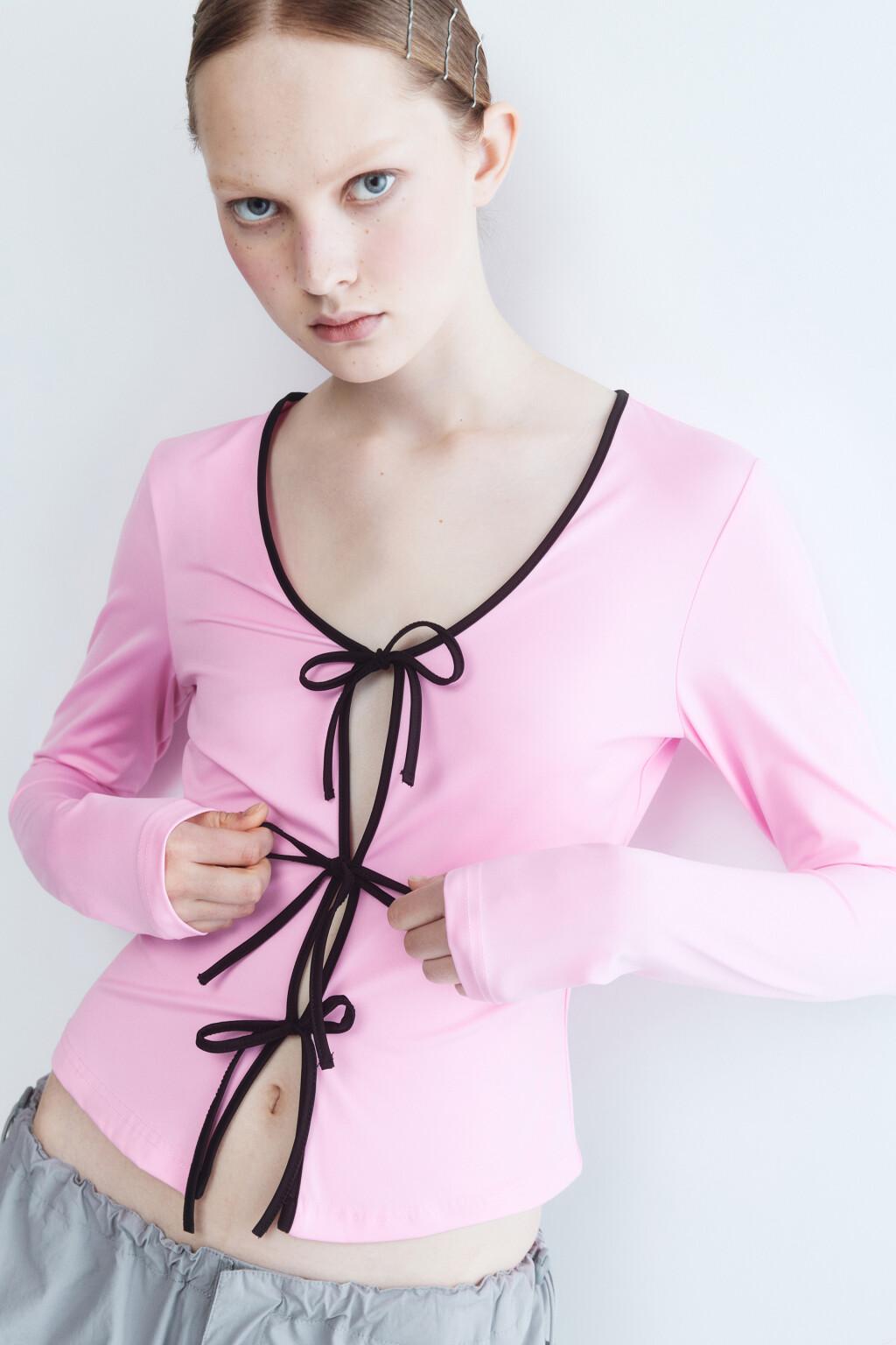 Блузка-топ со шнуровкой - цвет розовый - 1