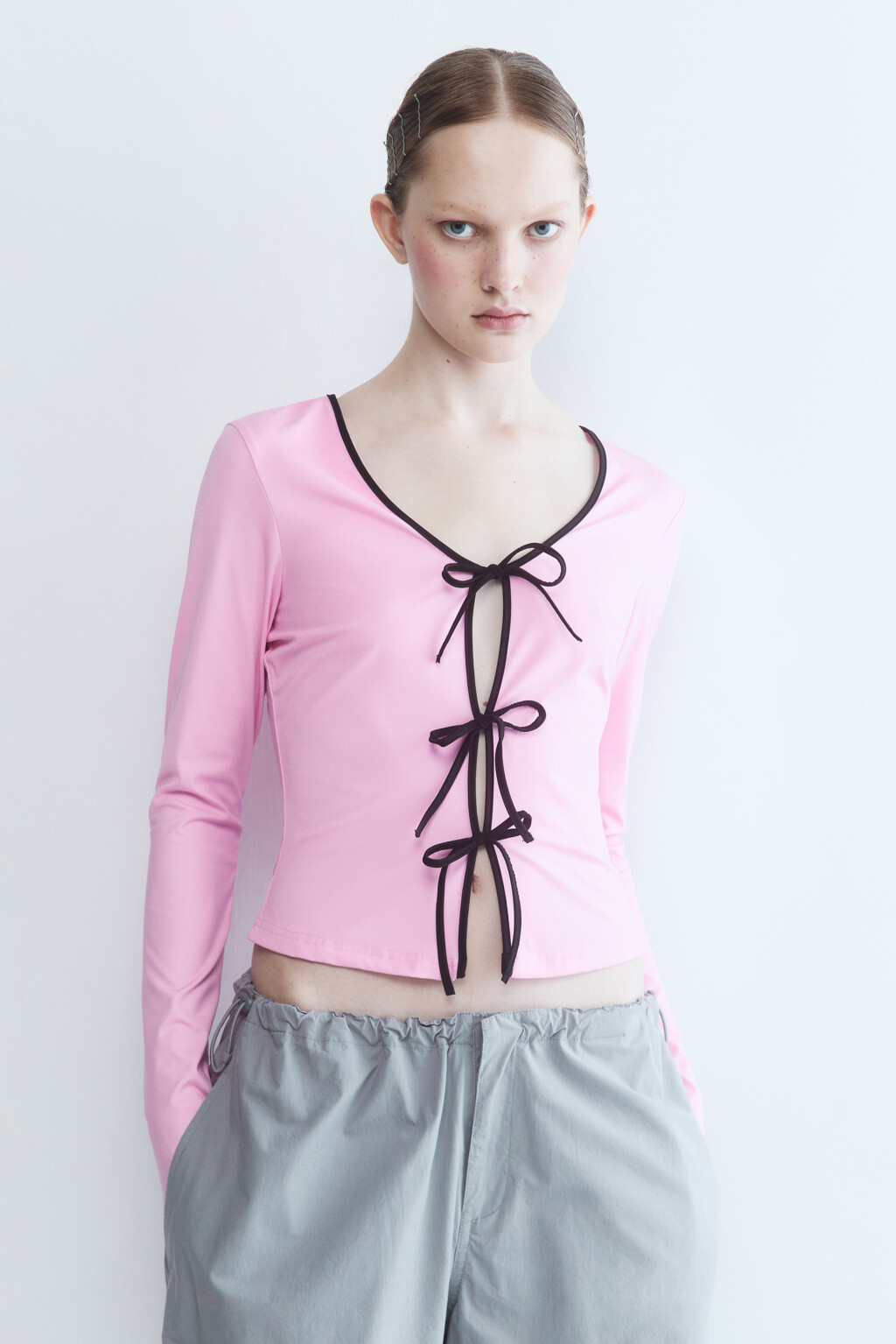 Блузка-топ со шнуровкой - цвет розовый - 2