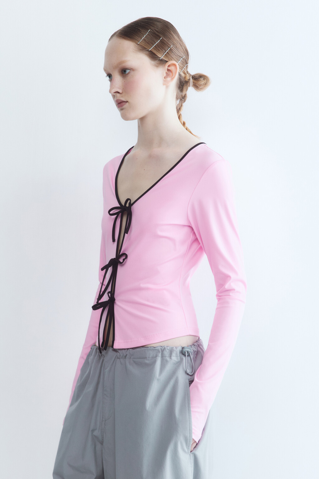 Блузка-топ со шнуровкой - цвет розовый - 3
