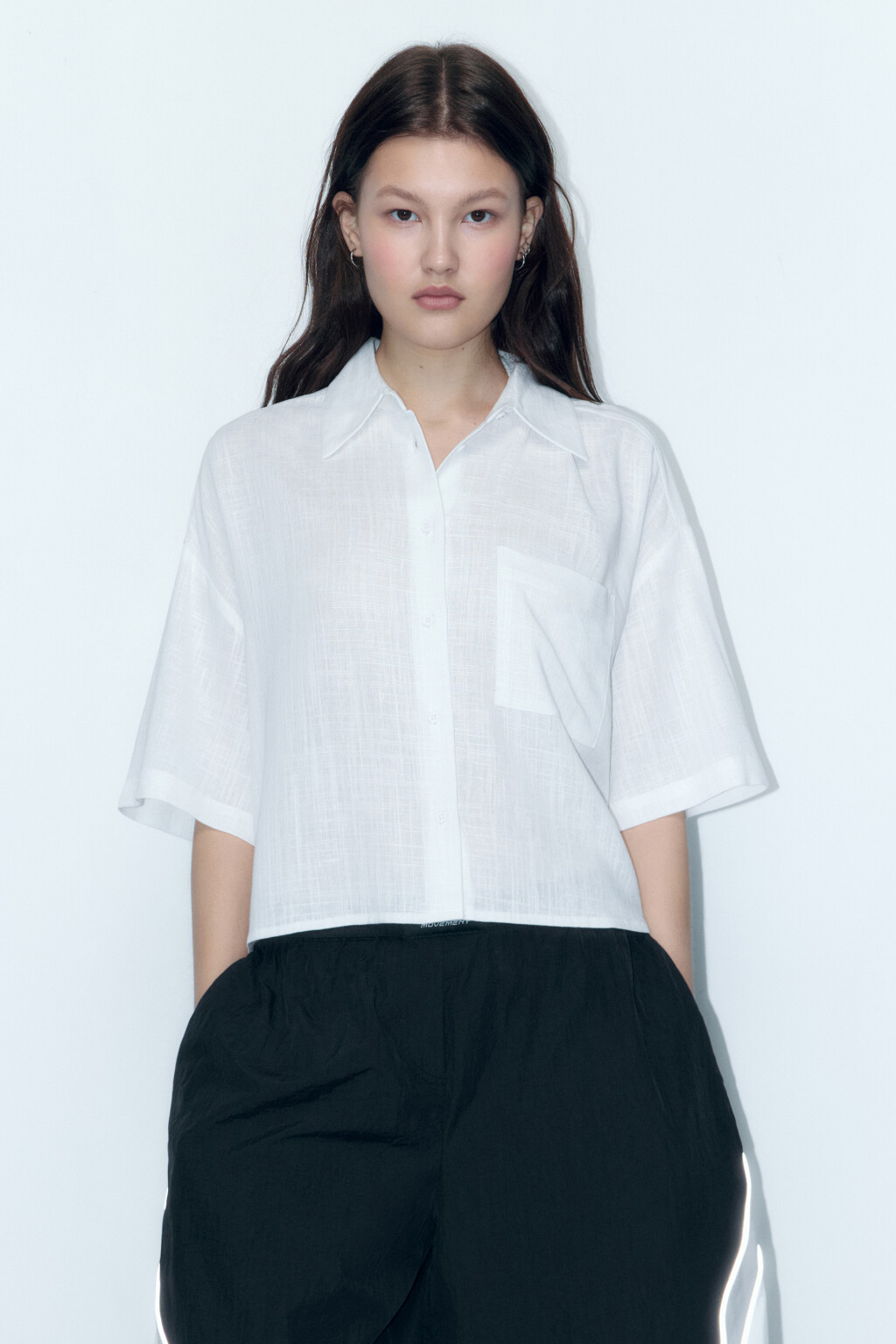 Рубашка укороченная льняная с коротким рукавом - цвет белый - 1