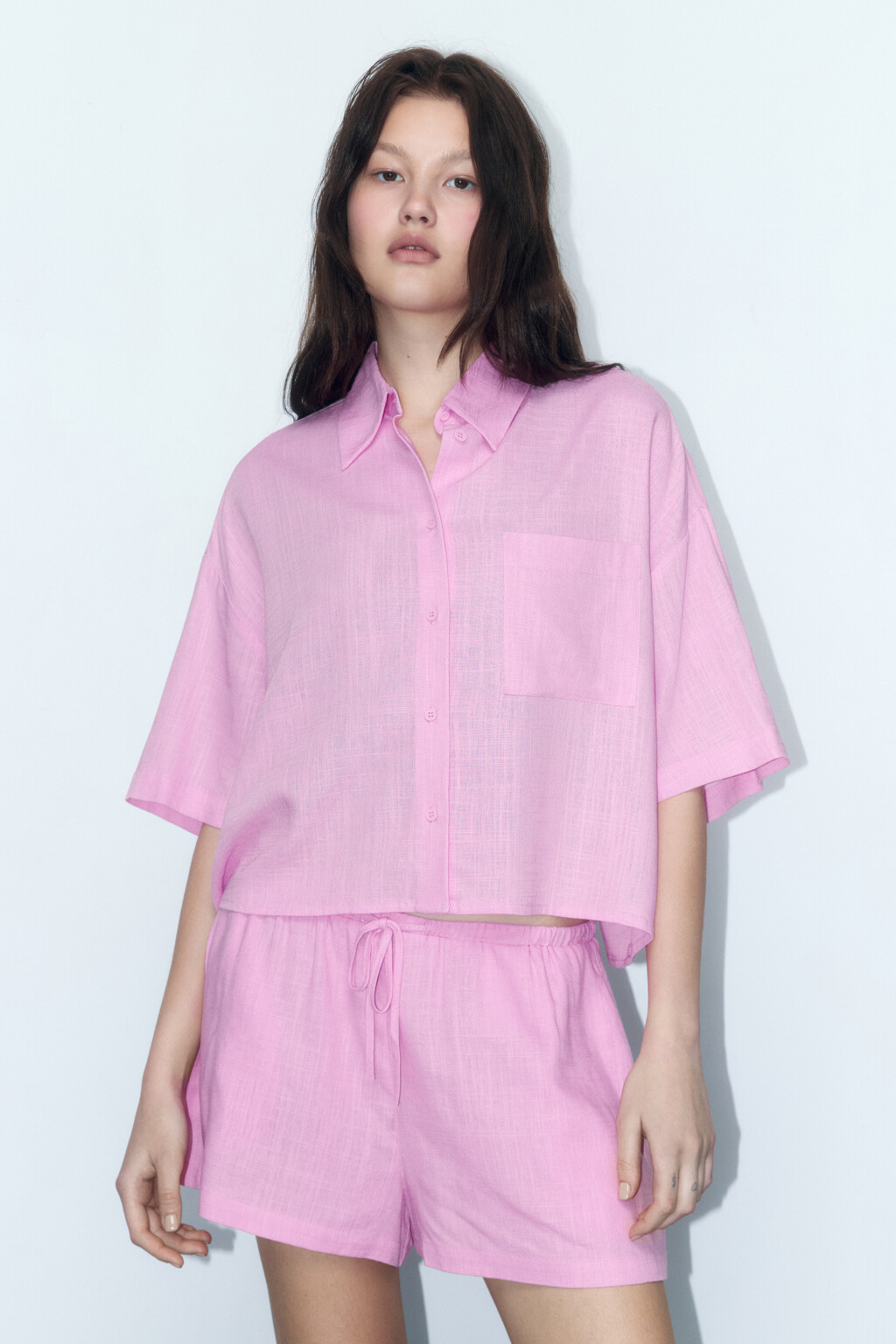 Рубашка укороченная льняная с коротким рукавом - цвет розовый - 3