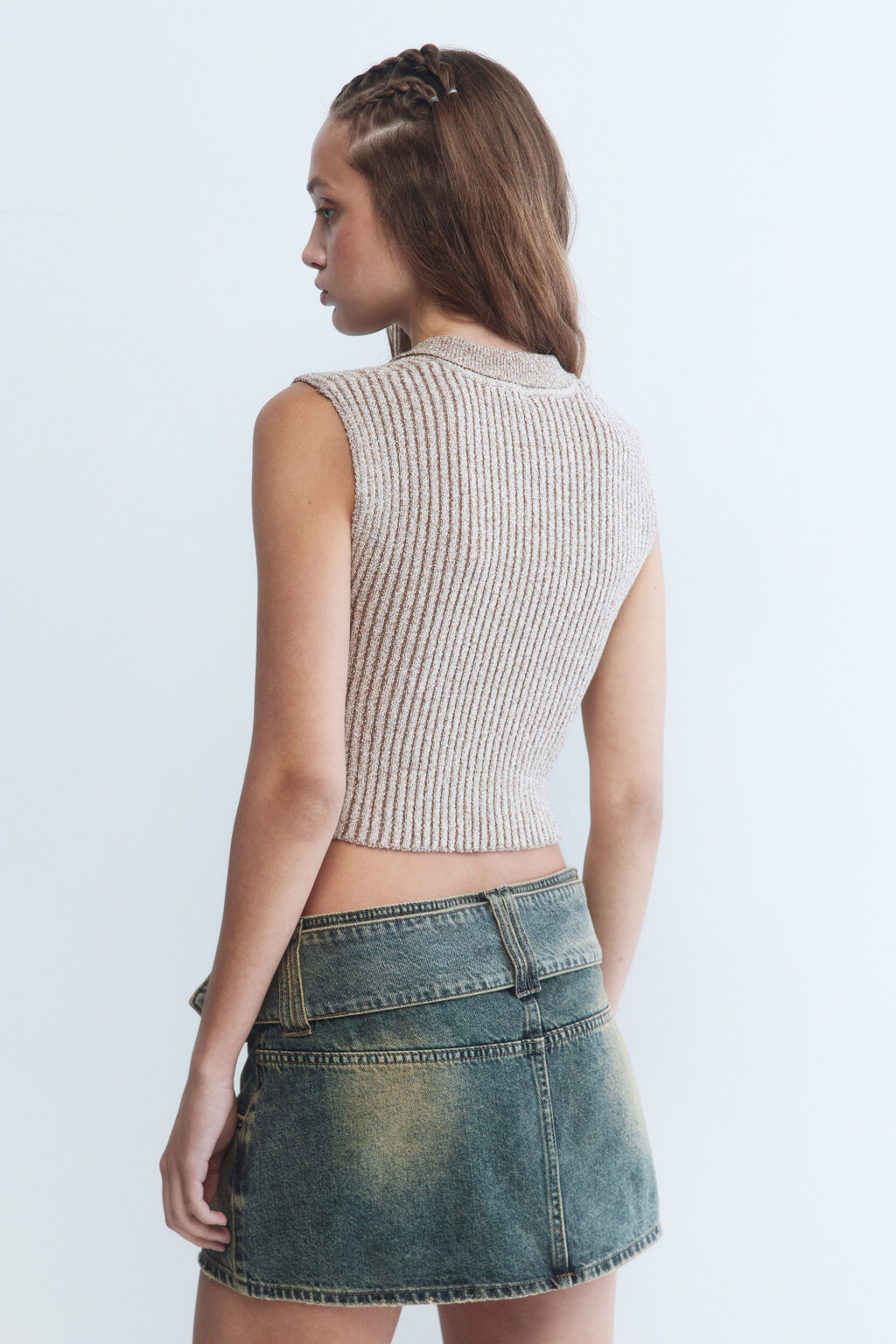 Жилет вязаный укороченный с воротником-поло - цвет бежевый - 4