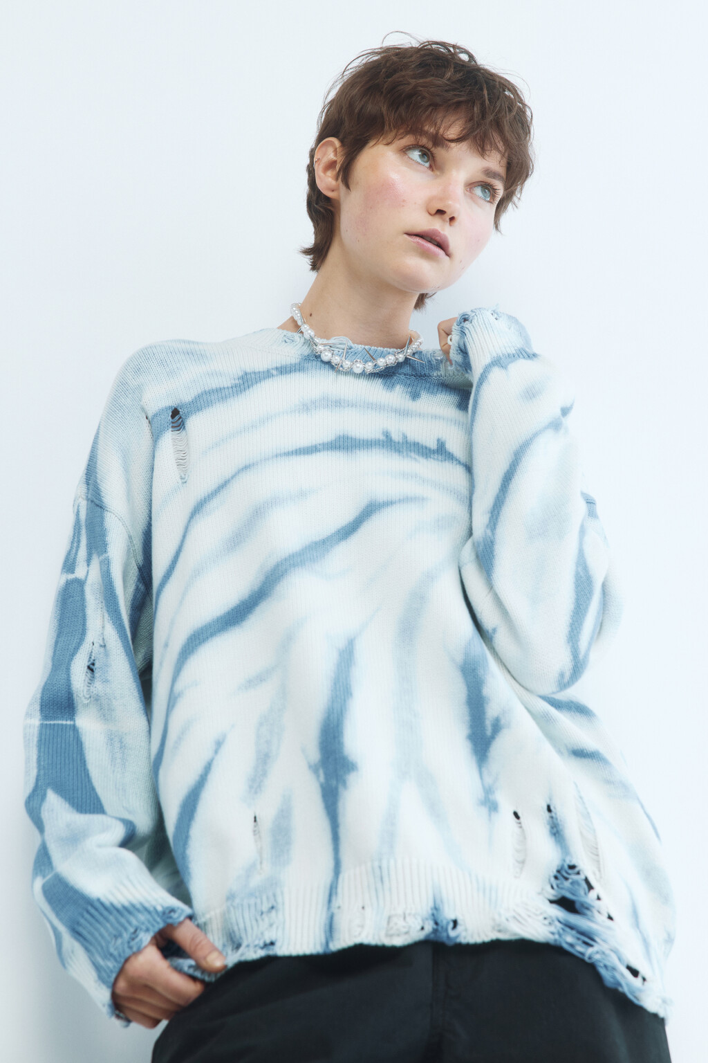 Джемпер вязаный рваный с принтом тай-дай - цвет синий - 1