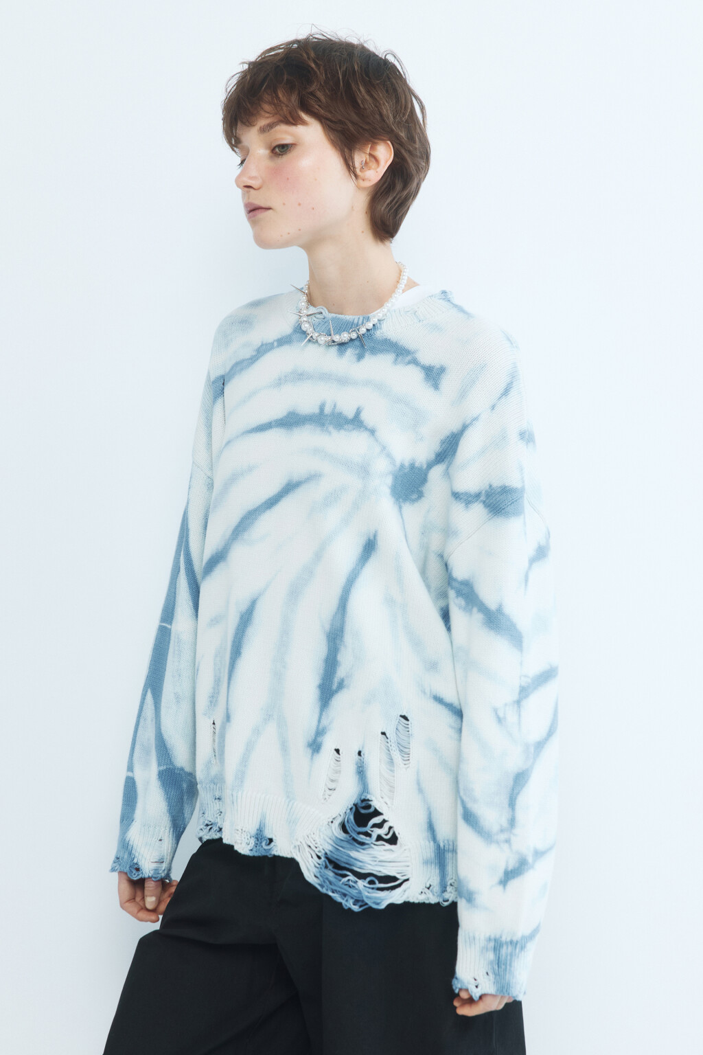 Джемпер вязаный рваный с принтом тай-дай - цвет синий - 3