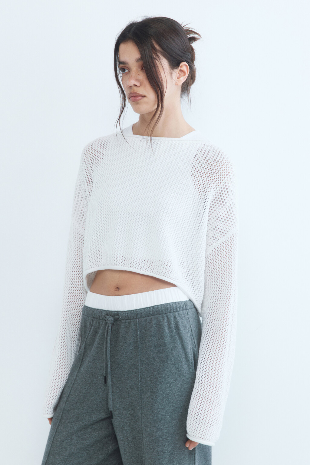 Джемпер кроше укороченный - цвет белый - 3