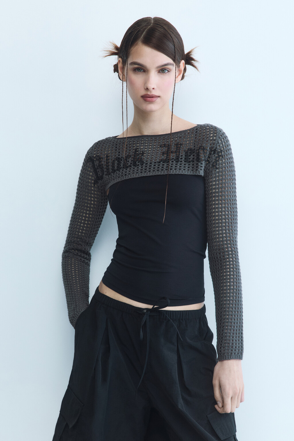 Болеро вязаное ажурное с длинными рукавами - цвет серый - 2