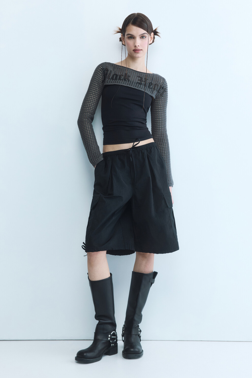 Болеро вязаное ажурное с длинными рукавами - цвет серый - 5