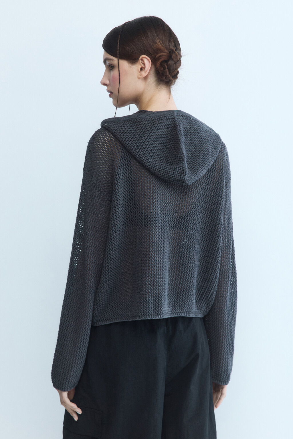 Кардиган на молнии ажурный с капюшоном - цвет серый - 4