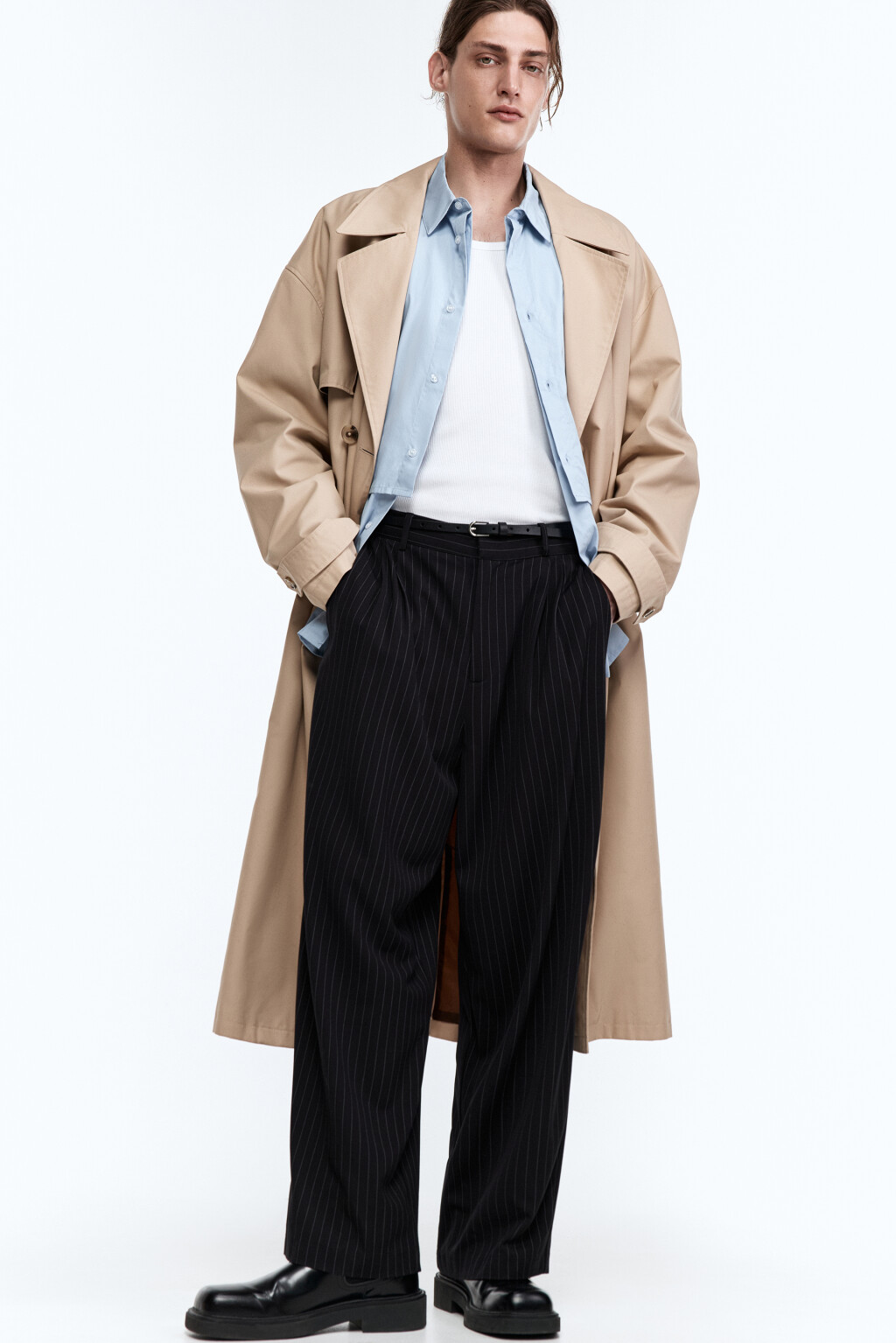 Плащ-тренчкот двубортный с поясом - цвет бежевый - 1