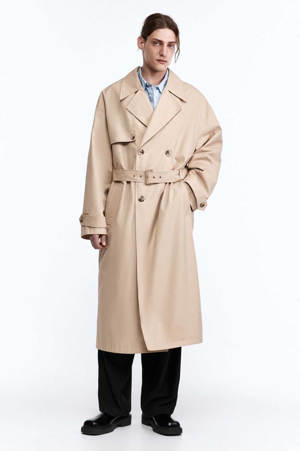 Плащ-тренчкот двубортный с поясом - цвет бежевый - 2