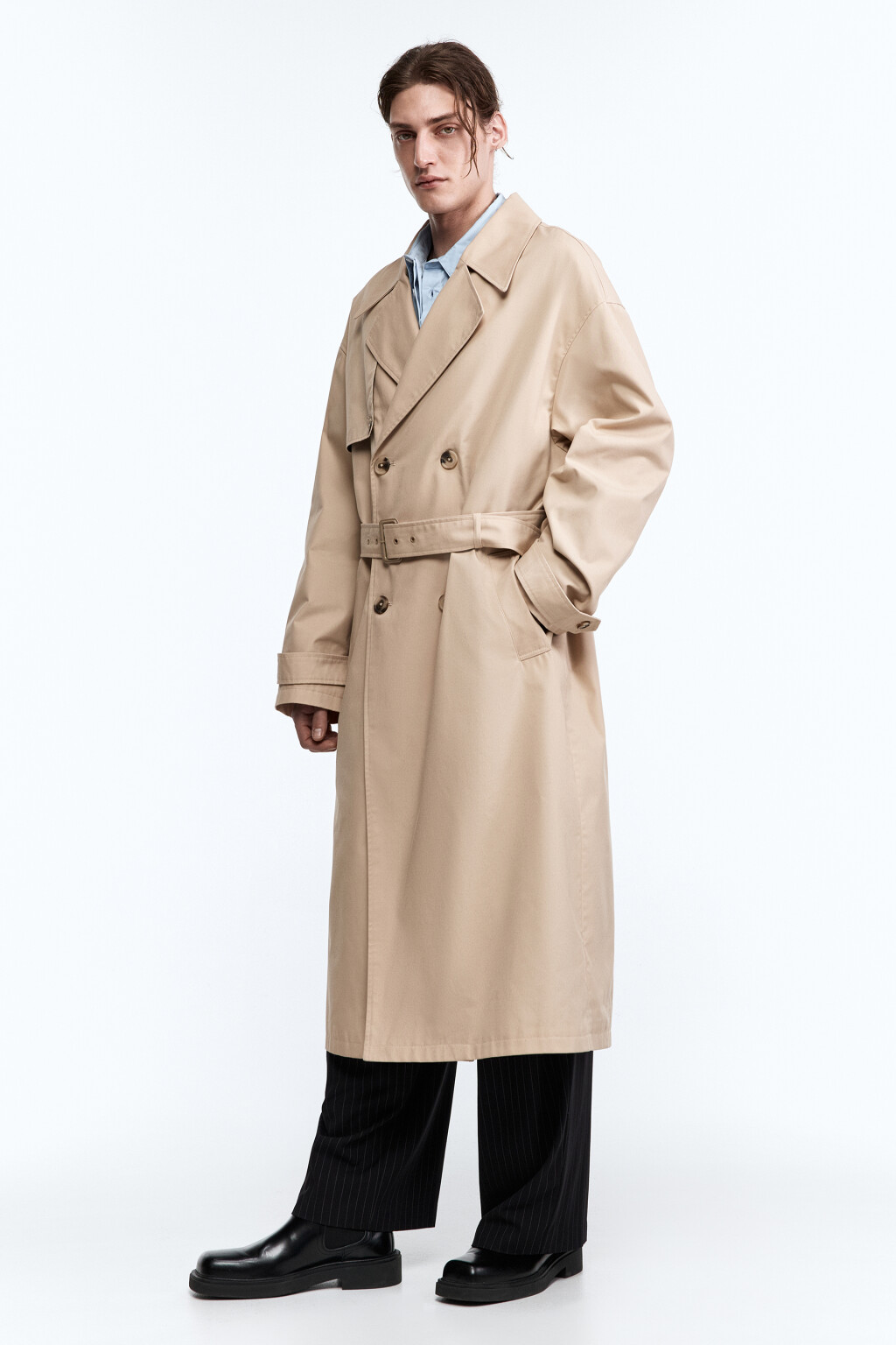 Плащ-тренчкот двубортный с поясом - цвет бежевый - 3
