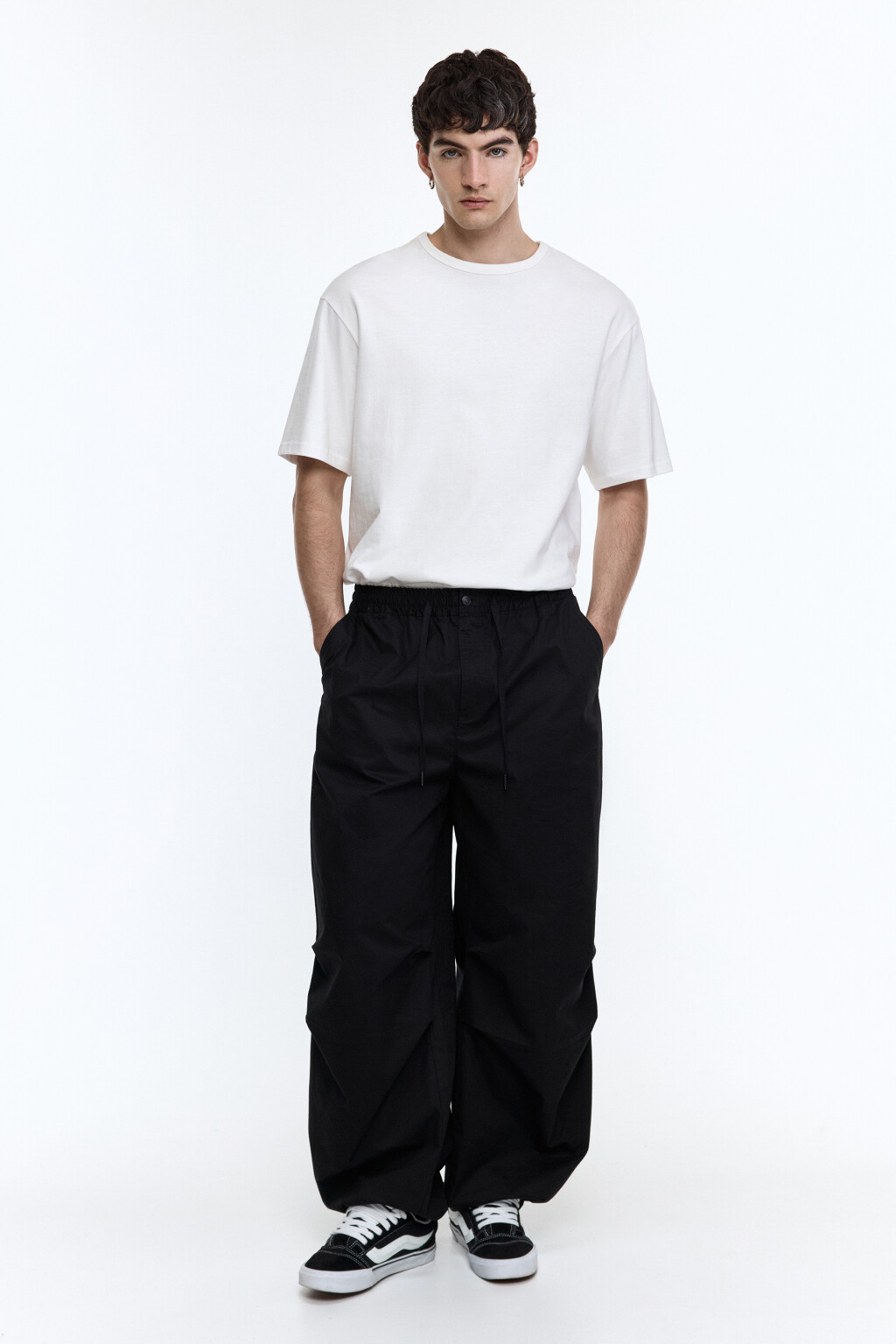 Брюки-парашюты хлопковые с утяжками - цвет черный - 1