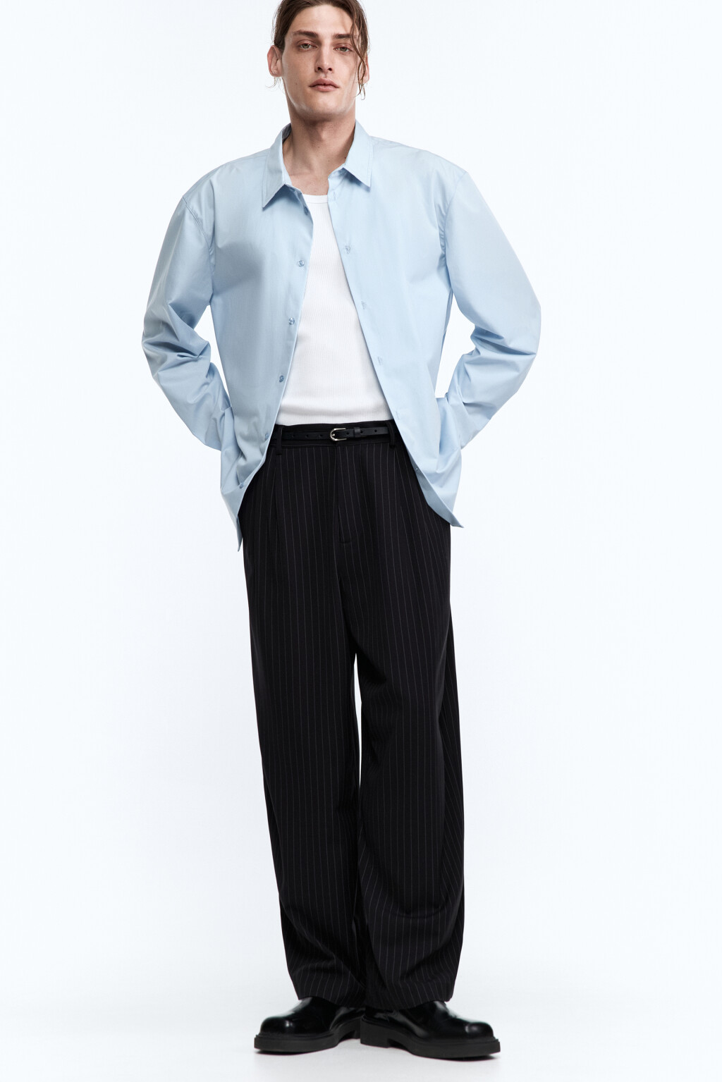 Брюки широкие костюмные в полоску - цвет черный - 1