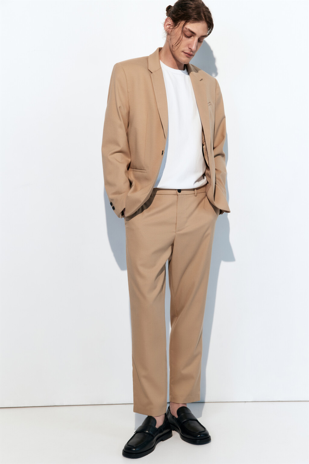 Брюки прямые из костюмной ткани - цвет бежевый - 1