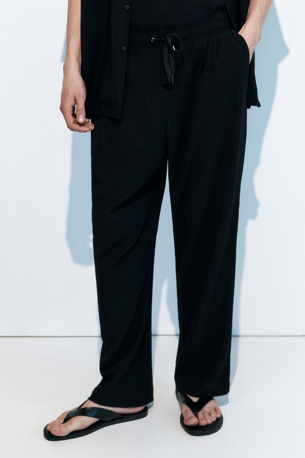 Брюки костюмные с поясом на завязках - цвет черный - 1