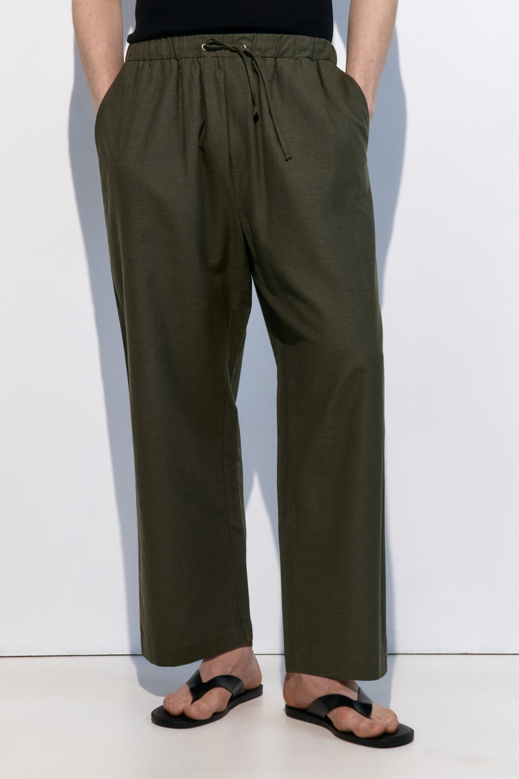 Брюки льняные с поясом на завязках - цвет зеленый - 2