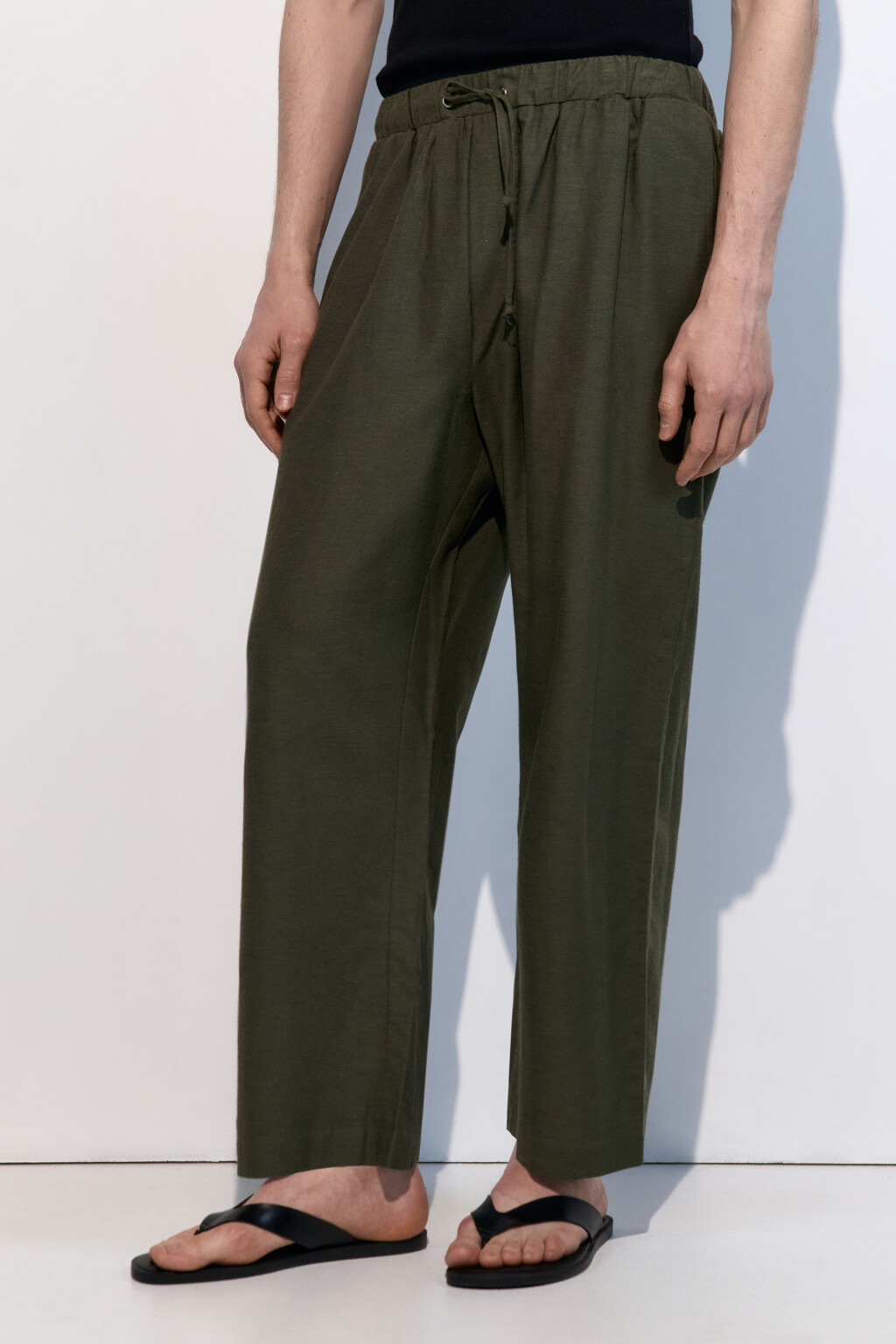 Брюки льняные с поясом на завязках - цвет зеленый - 3