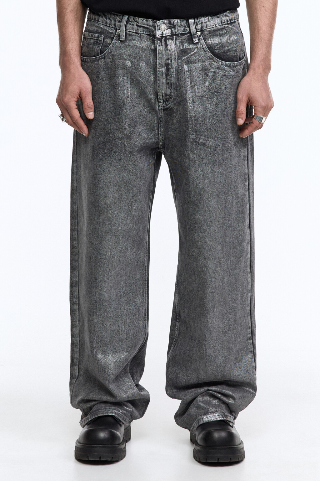 Джинсы широкие с состаренным эффектом - цвет серый - 2