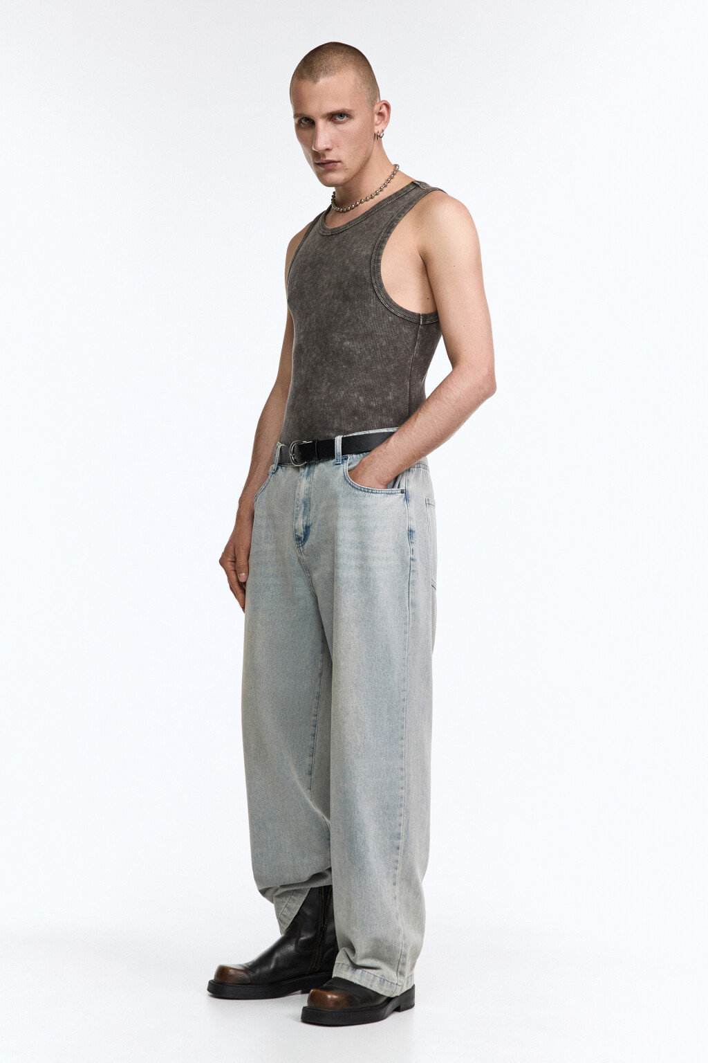 Джинсы широкие с эффектом dirty wash - цвет голубой - 4