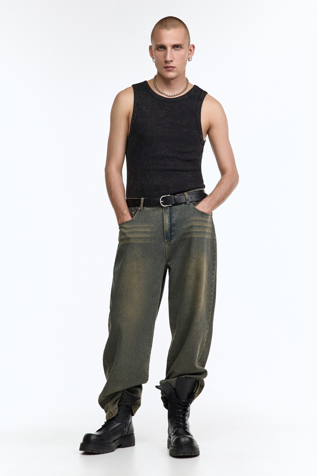 Джинсы широкие с эффектом dirty wash - цвет голубой - 1