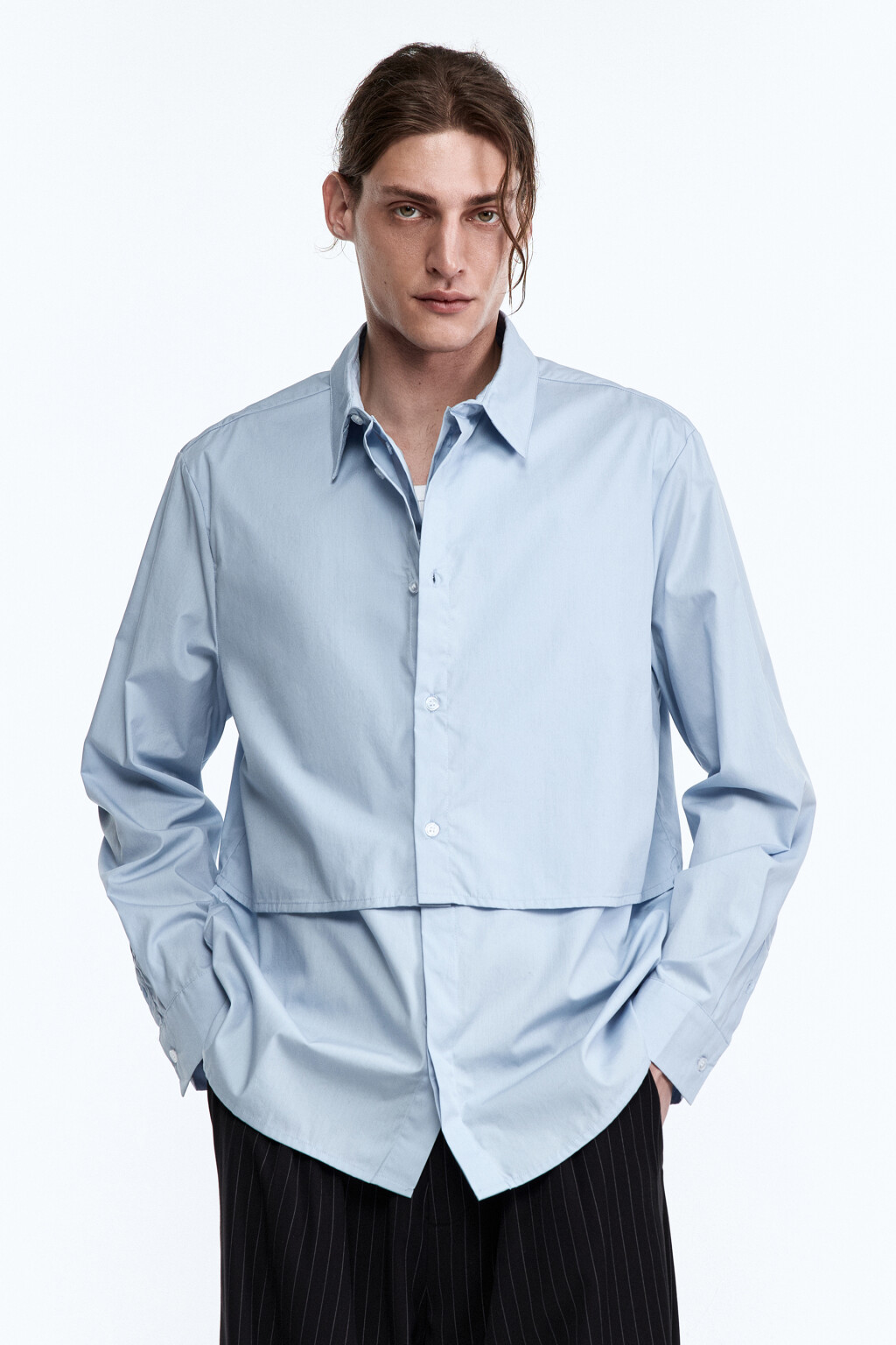 Рубашка оверсайз с удлиненной подкладкой - цвет синий - 2