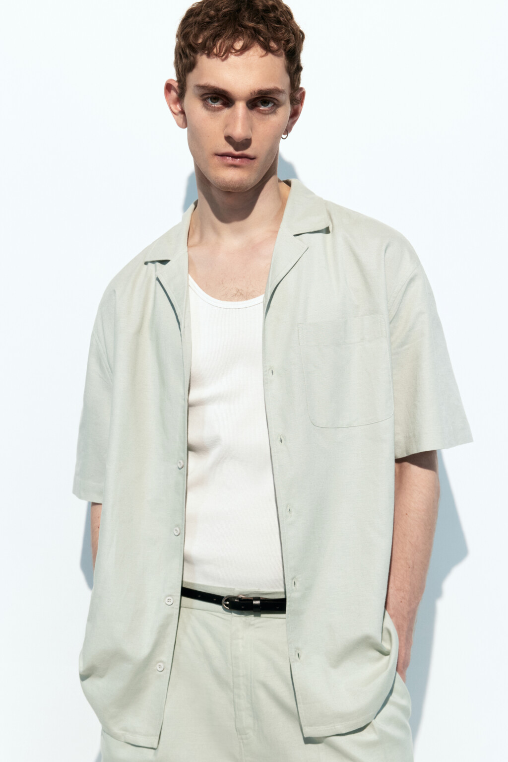 Рубашка льняная с коротким рукавом - цвет зеленый - 1