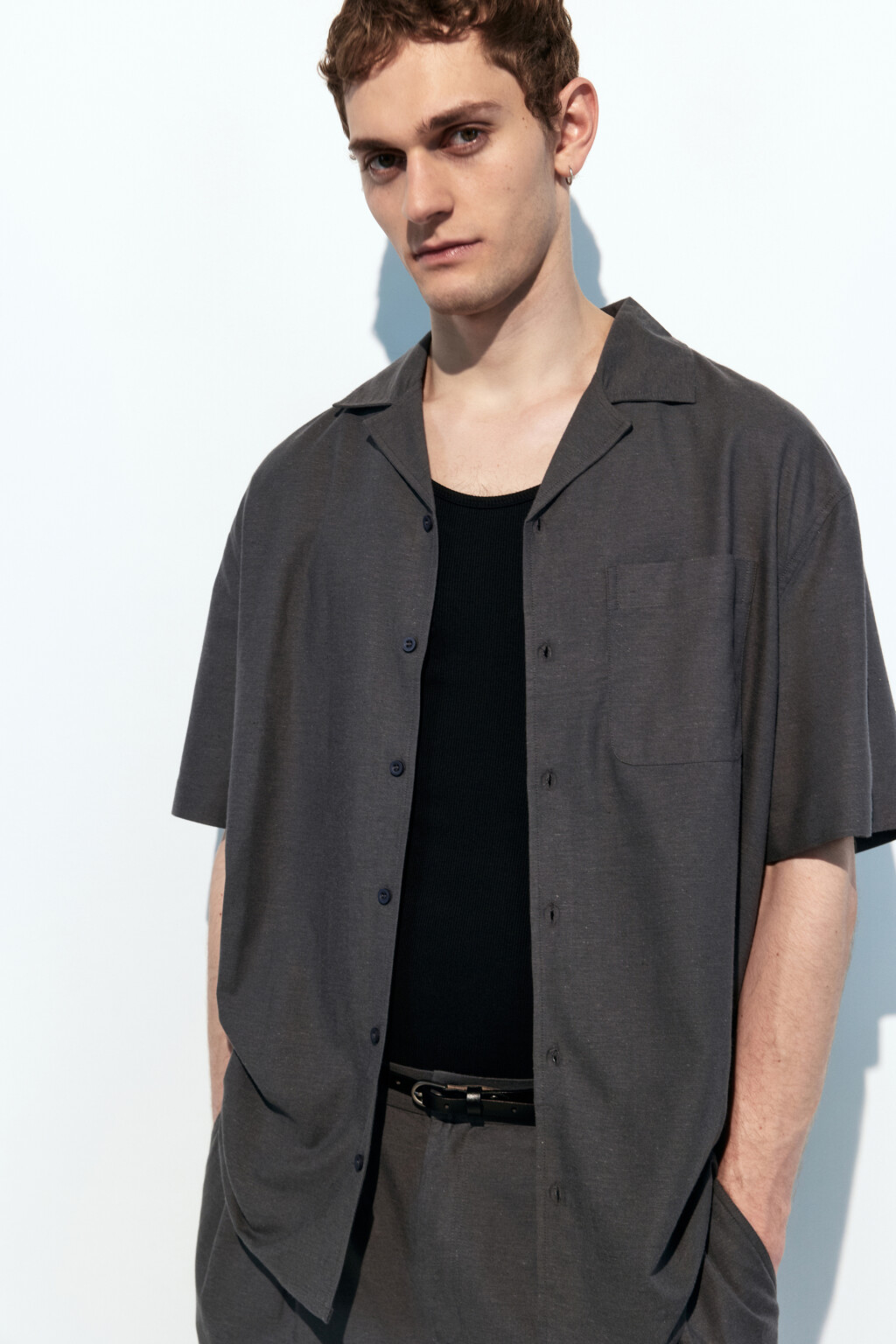 Рубашка льняная с коротким рукавом - цвет серый - 1