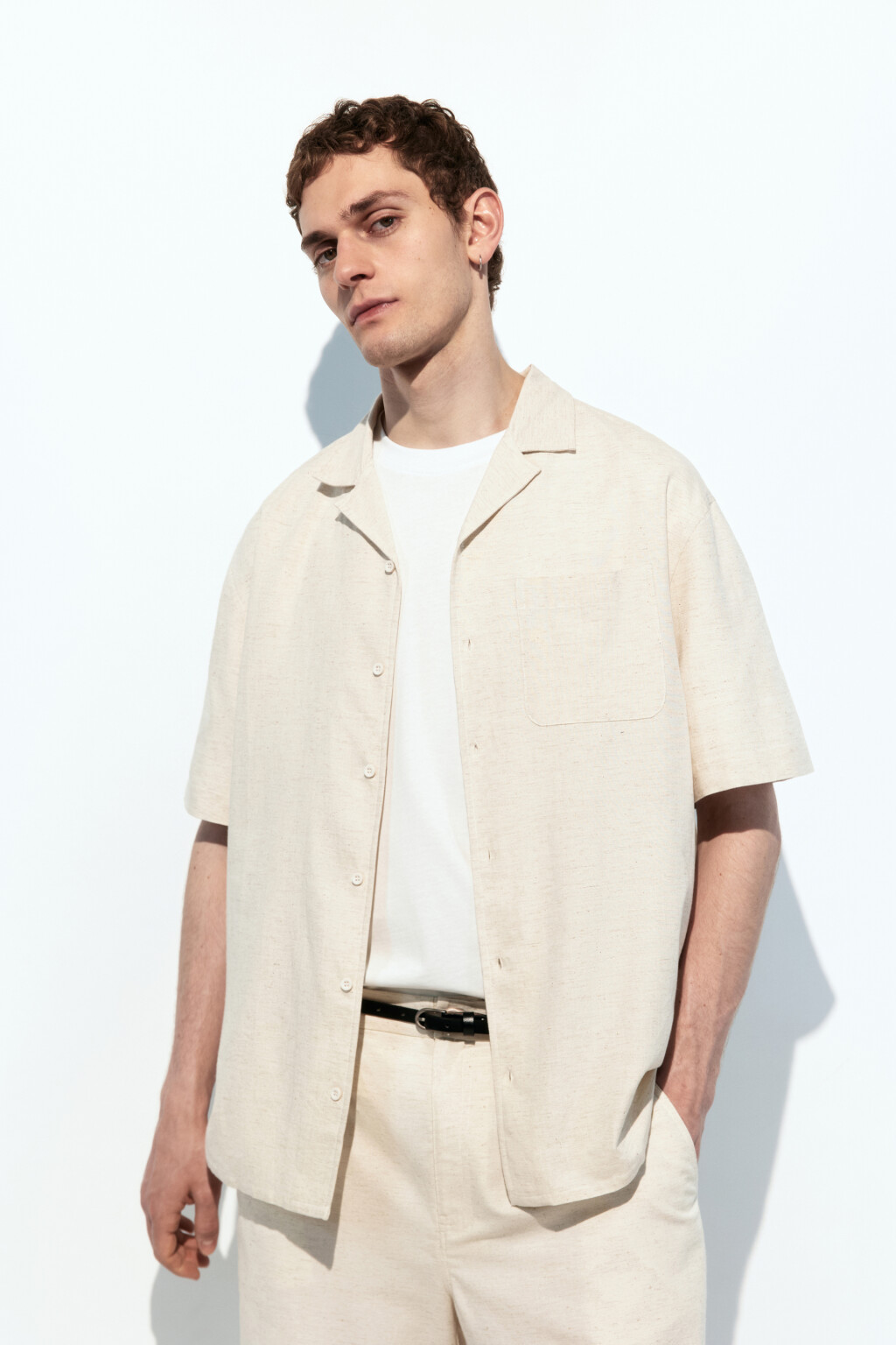 Рубашка льняная с коротким рукавом - цвет молочный - 1